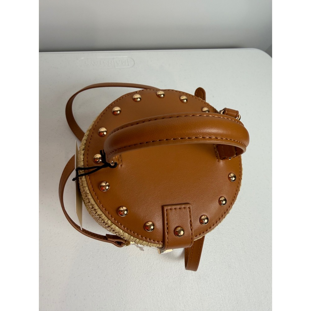 Rachel Zoe Straw Bucket Bag Tan Faux Leather Studded Crossbody Handbag NEW - Picture 3 of 11
